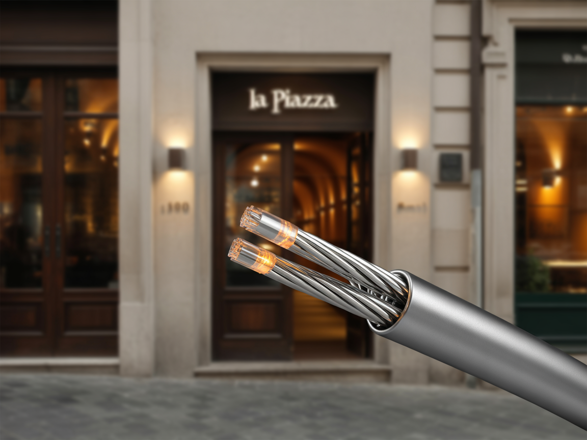 Un cable de fibra óptica para dar internet a un restaurante.