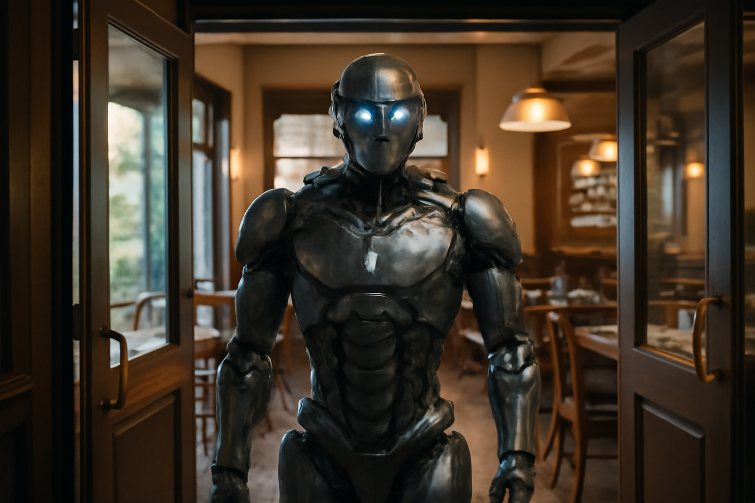 Un robot entrando en un restaurante