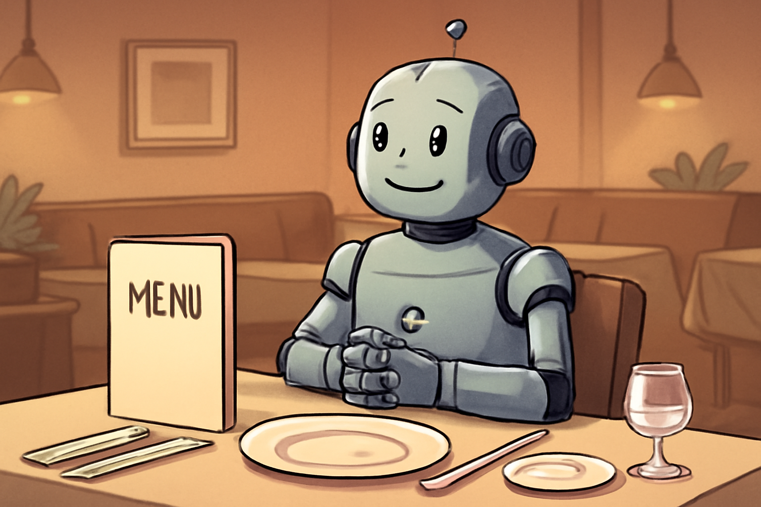 Un robot esperando a ser atendido en un restaurante.